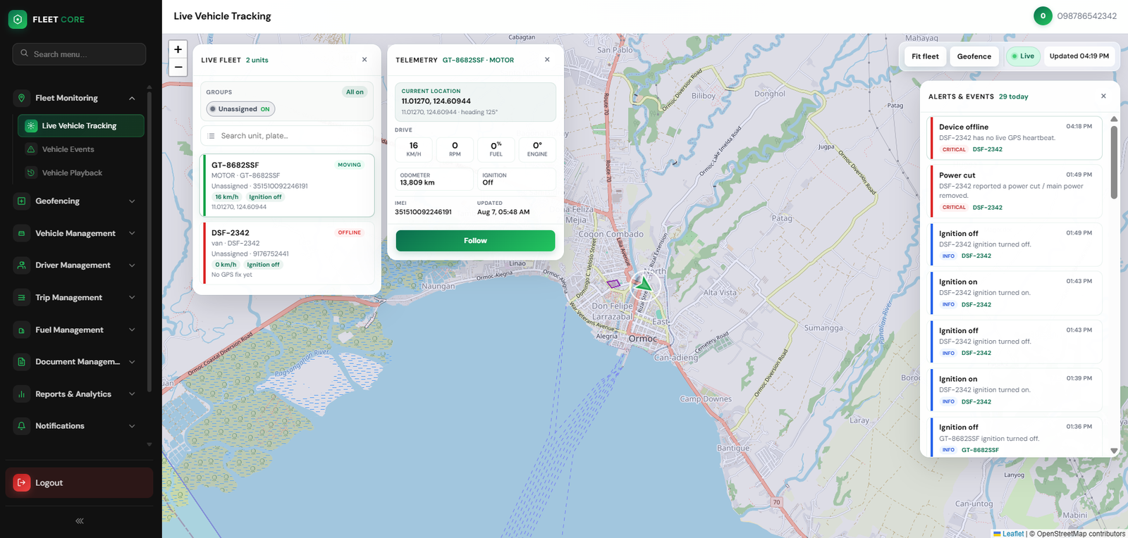 Live vehicle tracking — fleet map, telemetry, and alerts